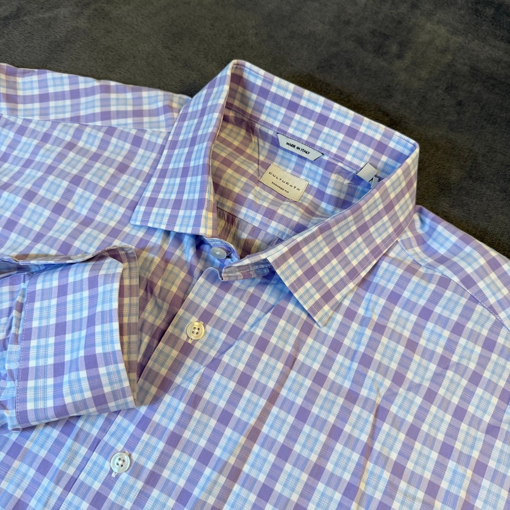 Culturata Tailored Fit Button Up Shirt Mens XXL Purple Blue Gingham Made Italy